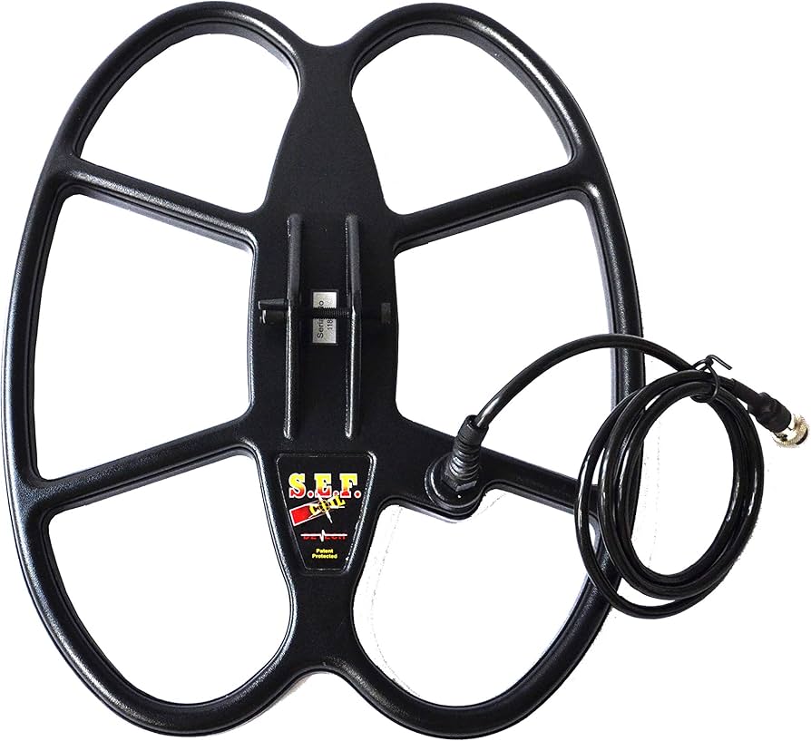 Black metal detector coil with cable on a white background suitable for Whites metal detectors