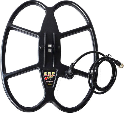 Black metal detector coil with cable on a white background suitable for Whites metal detectors