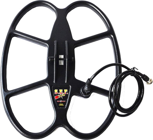 Black metal detector coil with cable on a white background suitable for Whites metal detectors